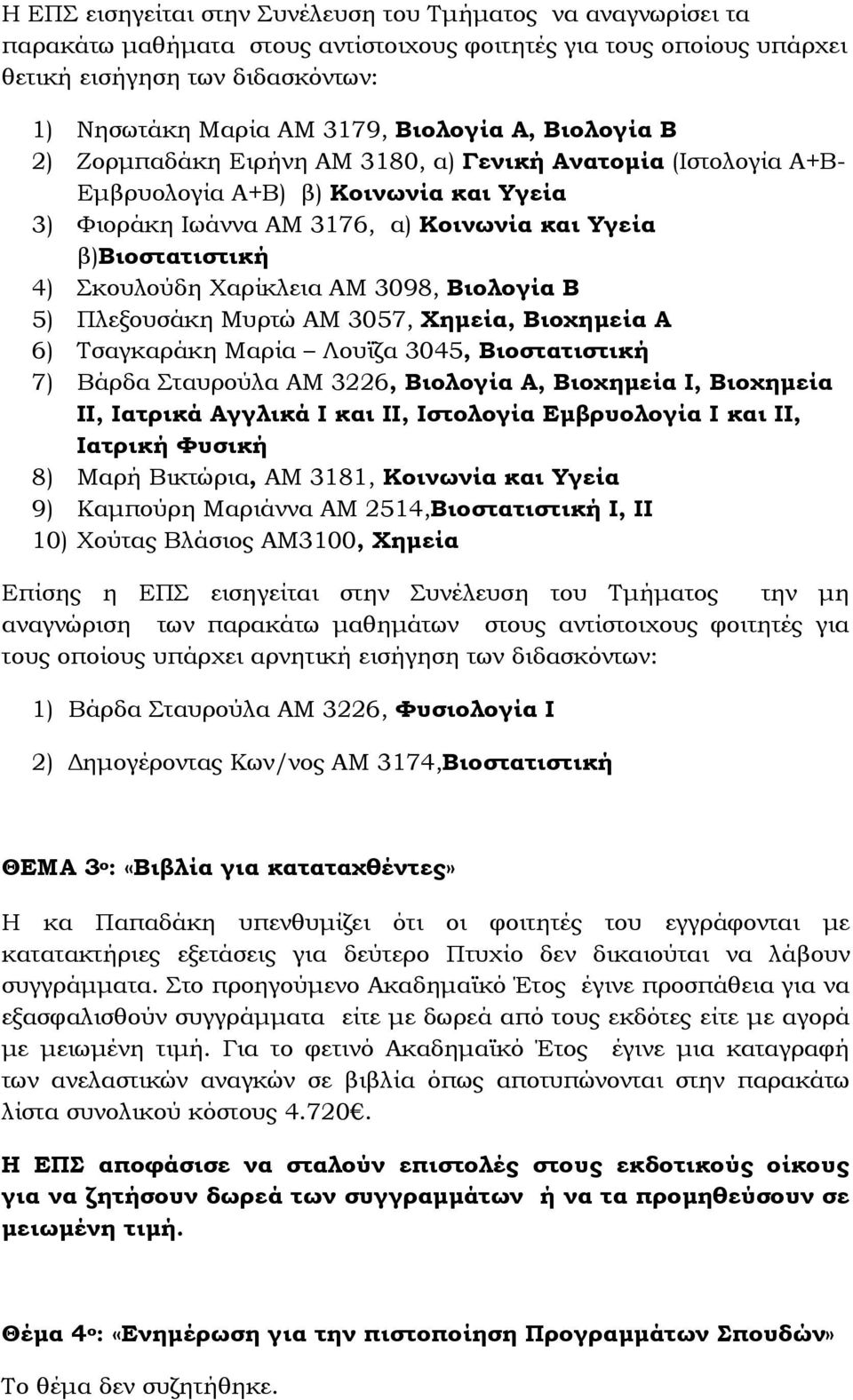 Σκουλούδη Χαρίκλεια ΑΜ 3098, Βιολογία Β 5) Πλεξουσάκη Μυρτώ ΑΜ 3057, Χημεία, Βιοχημεία Α 6) Τσαγκαράκη Μαρία Λουϊζα 3045, Βιοστατιστική 7) Βάρδα Σταυρούλα ΑΜ 3226, Βιολογία Α, Βιοχημεία Ι, Βιοχημεία