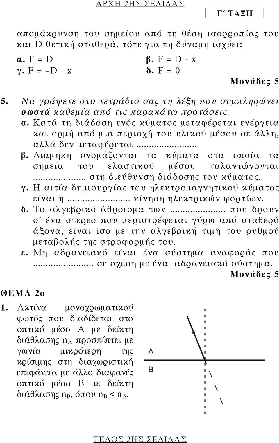 .. β. ιαµήκη ονοµάζονται τα κύµατα στα οποία τα σηµεία του ελαστικού µέσου ταλαντώνονται... στη διεύθυνση διάδοσης του κύµατος. γ. Η αιτία δηµιουργίας του ηλεκτροµαγνητικού κύµατος είναι η.