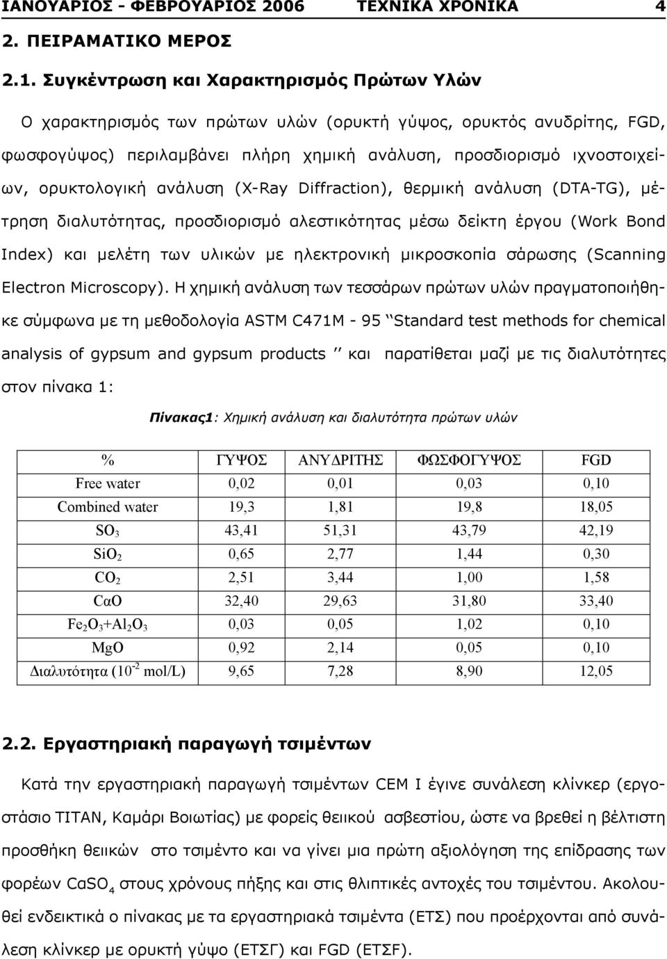 ορυκτολογική ανάλυση (X-Ray Diffraction), θερμική ανάλυση (DTA-TG), μέτρηση διαλυτότητας, προσδιορισμό αλεστικότητας μέσω δείκτη έργου (Work Bond Index) και μελέτη των υλικών με ηλεκτρονική