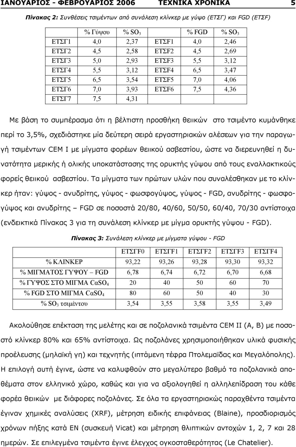 τσιμέντο κυμάνθηκε περί το 3,5%, σχεδιάστηκε μία δεύτερη σειρά εργαστηριακών αλέσεων για την παραγωγή τσιμέντων CEM I με μίγματα φορέων θειικού ασβεστίου, ώστε να διερευνηθεί η δυνατότητα μερικής ή