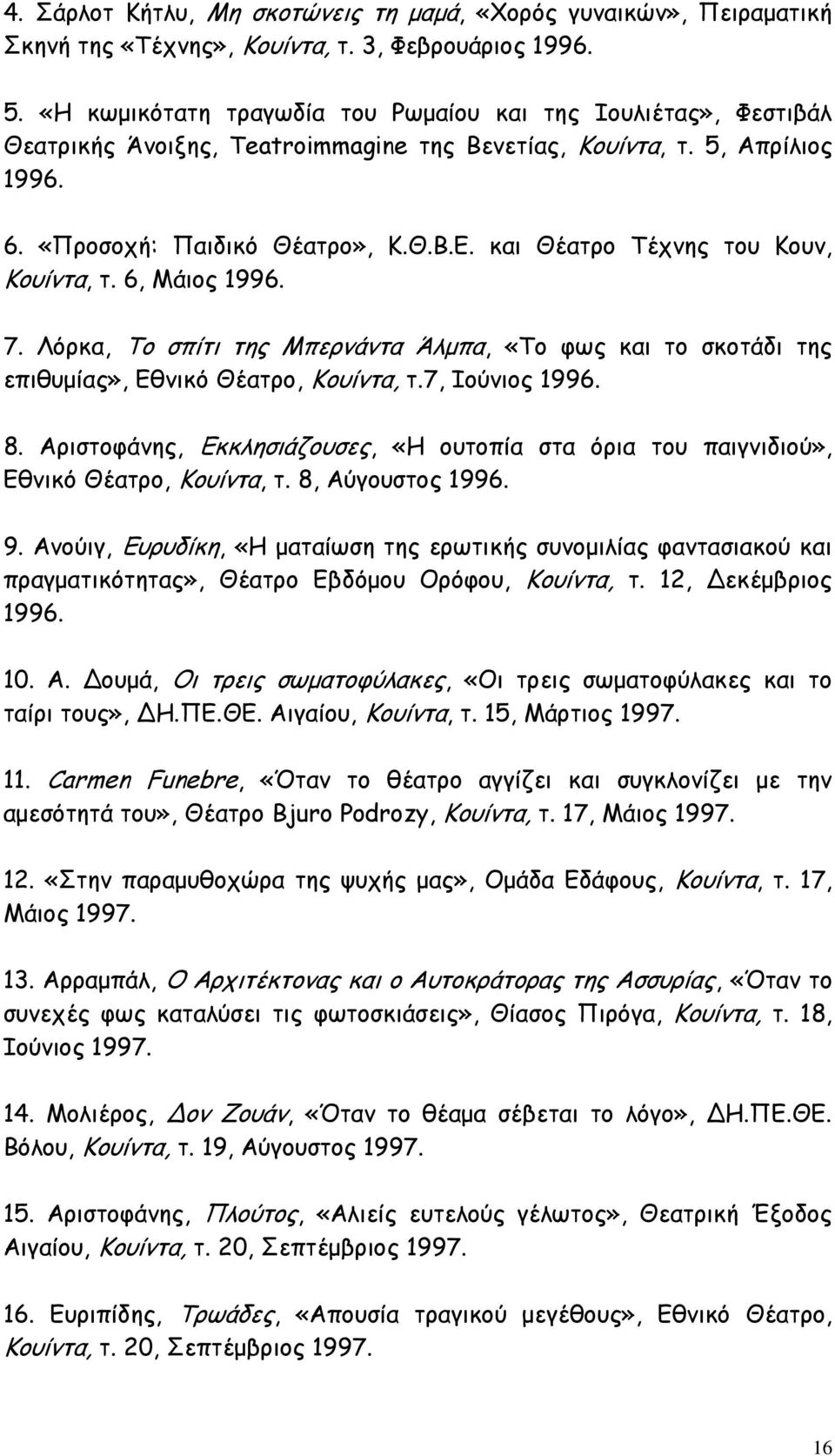 και Θέατρο Τέχνης του Κουν, Κουίντα, τ. 6, Μάιος 1996. 7. Λόρκα, Το σπίτι της Μπερνάντα Άλμπα, «Το φως και το σκοτάδι της επιθυμίας», Εθνικό Θέατρο, Κουίντα, τ.7, Ιούνιος 1996. 8.