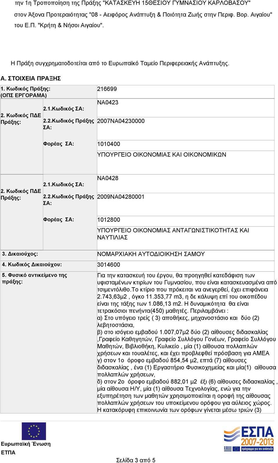 Κωδικός ΠΔΕ Πράξης: 2.1.Κωδικός ΣΑ: 2.2.Κωδικός Πράξης ΣΑ: Φορέας ΣΑ: 216699 ΝΑ0423 2007ΝΑ04230000 1010400 ΥΠΟΥΡΓΕΙΟ ΟΙΚΟΝΟΜΙΑΣ ΚΑΙ ΟΙΚΟΝΟΜΙΚΩΝ 2. Κωδικός ΠΔΕ Πράξης: 3. Δικαιούχος: 4.