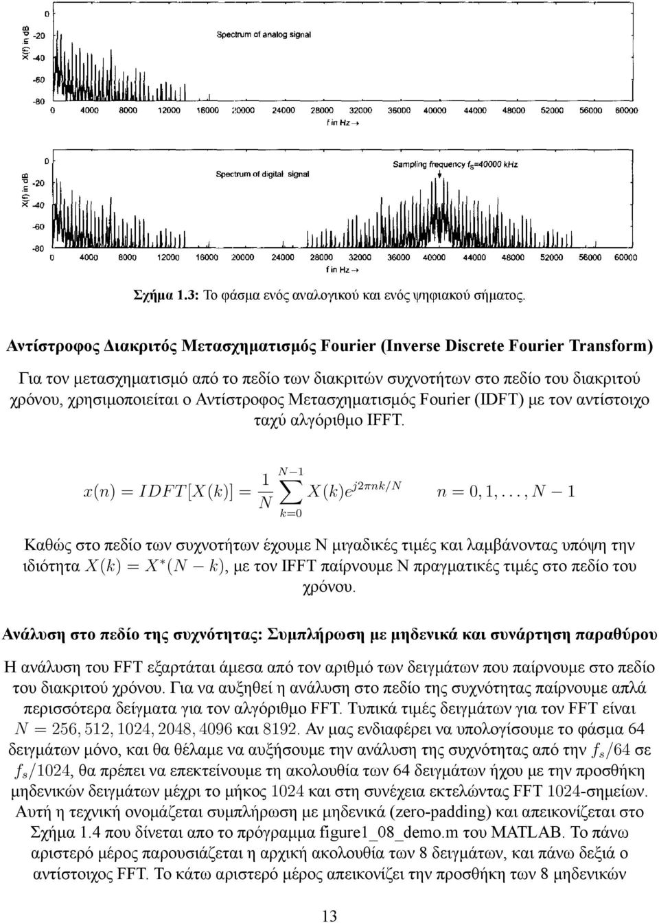 Αντίστροφος Μετασχηματισμός Fourier (IDFT) με τον αντίστοιχο ταχύ αλγόριθμο IFFT. x(n) = IDF T [X(k)] = 1 N N 1 k=0 X(k)e j2πnk/n n = 0, 1,.