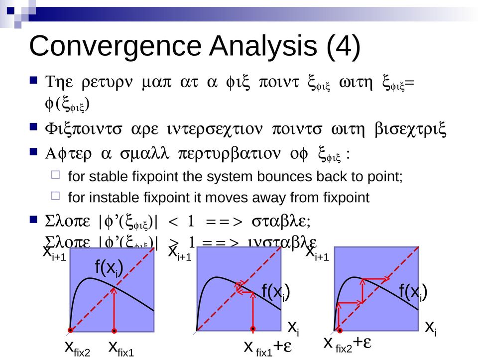 bounces back to point; for instable fixpoint it moves away from fixpoint Σλοπε φ (ξφιξ) < 1 = = > σταβλε;