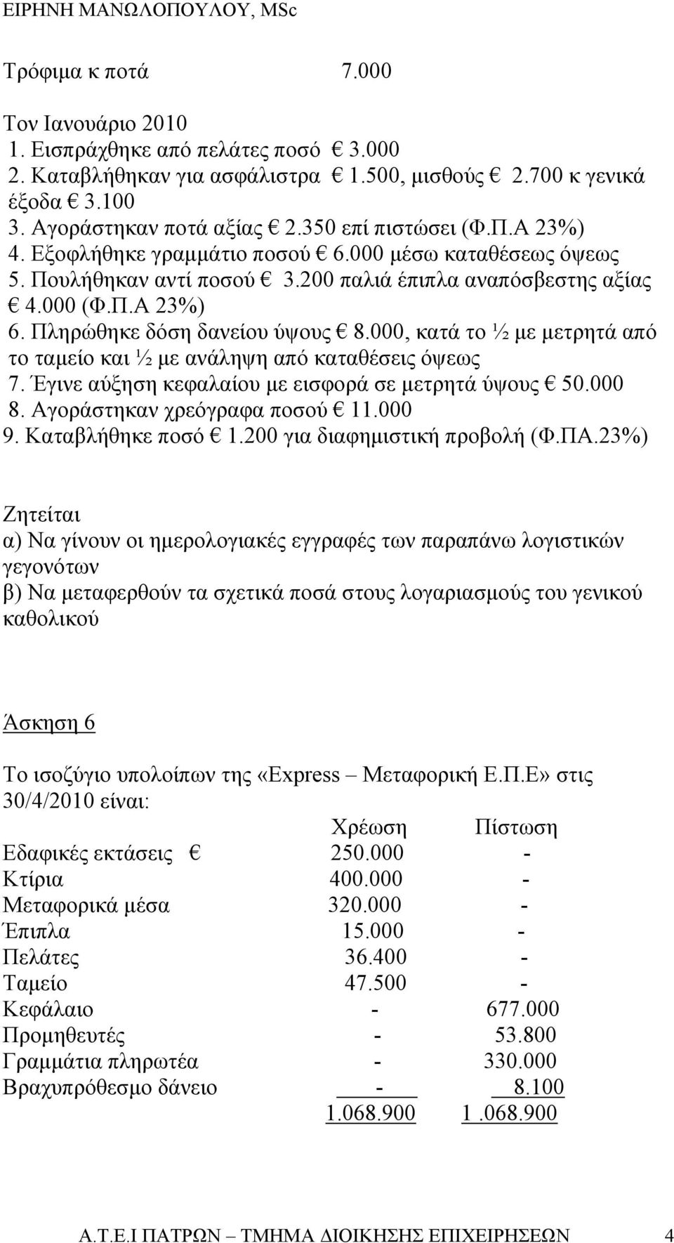 000, κατά το ½ με μετρητά από το ταμείο και ½ με ανάληψη από καταθέσεις όψεως 7. Έγινε αύξηση κεφαλαίου με εισφορά σε μετρητά ύψους 50.000 8. Αγοράστηκαν χρεόγραφα ποσού 11.000 9. Καταβλήθηκε ποσό 1.