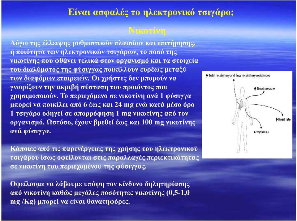 Το περιεχόμενο σε νικοτίνη ανά 1 φύσιγγα μπορεί να ποικίλει από 6 έως και 24 mg ενώ κατά μέσο όρο 1 τσιγάρο οδηγεί σε απορρόφηση 1 mg νικοτίνης από τον οργανισμό.