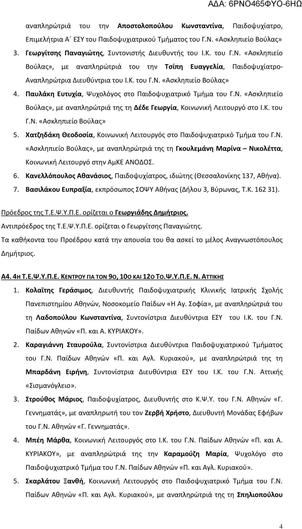 Παυλάκη Ευτυχία, Ψυχολόγος στο Παιδοψυχιατρικό Τμήμα του Γ.Ν. «Ασκληπιείο Βούλας», με αναπληρώτριά της τη Δέδε Γεωργία, Κοινωνική Λειτουργό στο Ι.Κ. του Γ.Ν. «Ασκληπιείο Βούλας» 5.