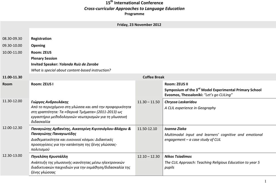 30 Coffee Break Room Room: ZEUS Ι Room: ZEUS ΙΙ Symposium of the 3 rd Model Experimental Primary School Evosmos, Thessaloniki: Let s go CLILing 11.30 12.