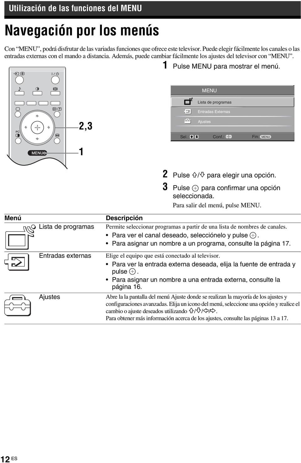 MENU Lista de programas Entradas Externas 2,3 Ajustes Sel.: Conf.: Fin: MENU 1 Menú Lista de programas Entradas externas Ajustes 2 Pulse F/f para elegir una opción.