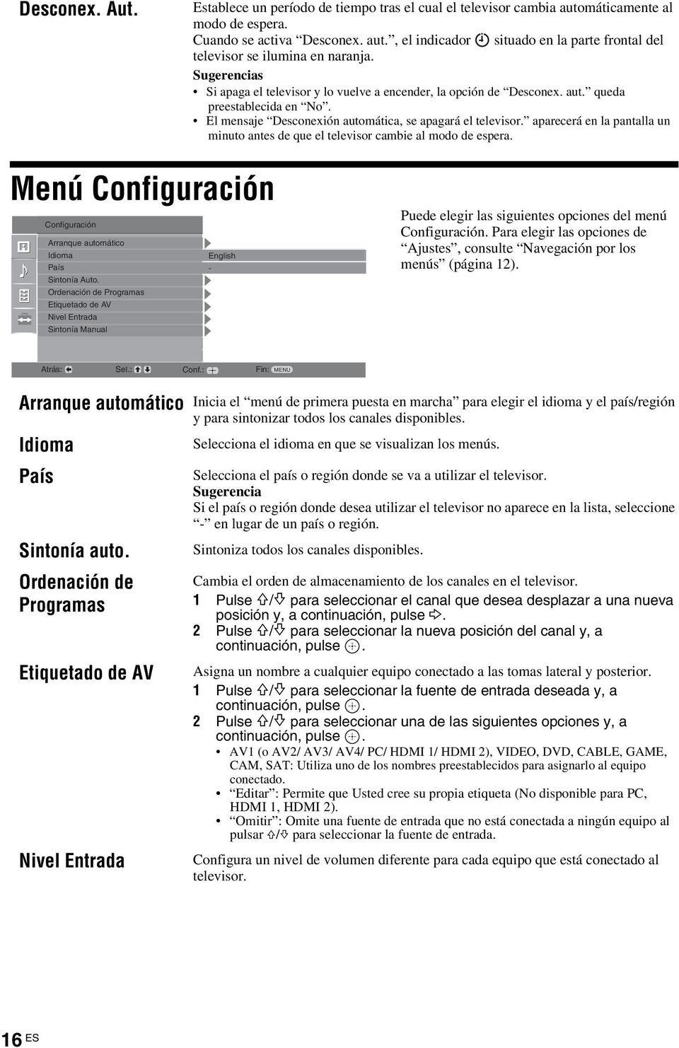 aparecerá en la pantalla un minuto antes de que el televisor cambie al modo de espera. Menú Configuración Configuración Arranque automático Idioma English País - Sintonía Auto.