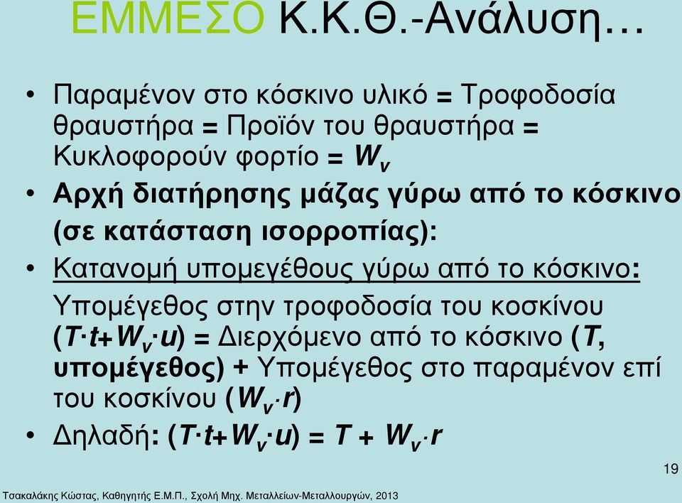 = W v Αρχή διατήρησης μάζας γύρω από το κόσκινο (σε κατάσταση ισορροπίας): Κατανομή υπομεγέθους γύρω