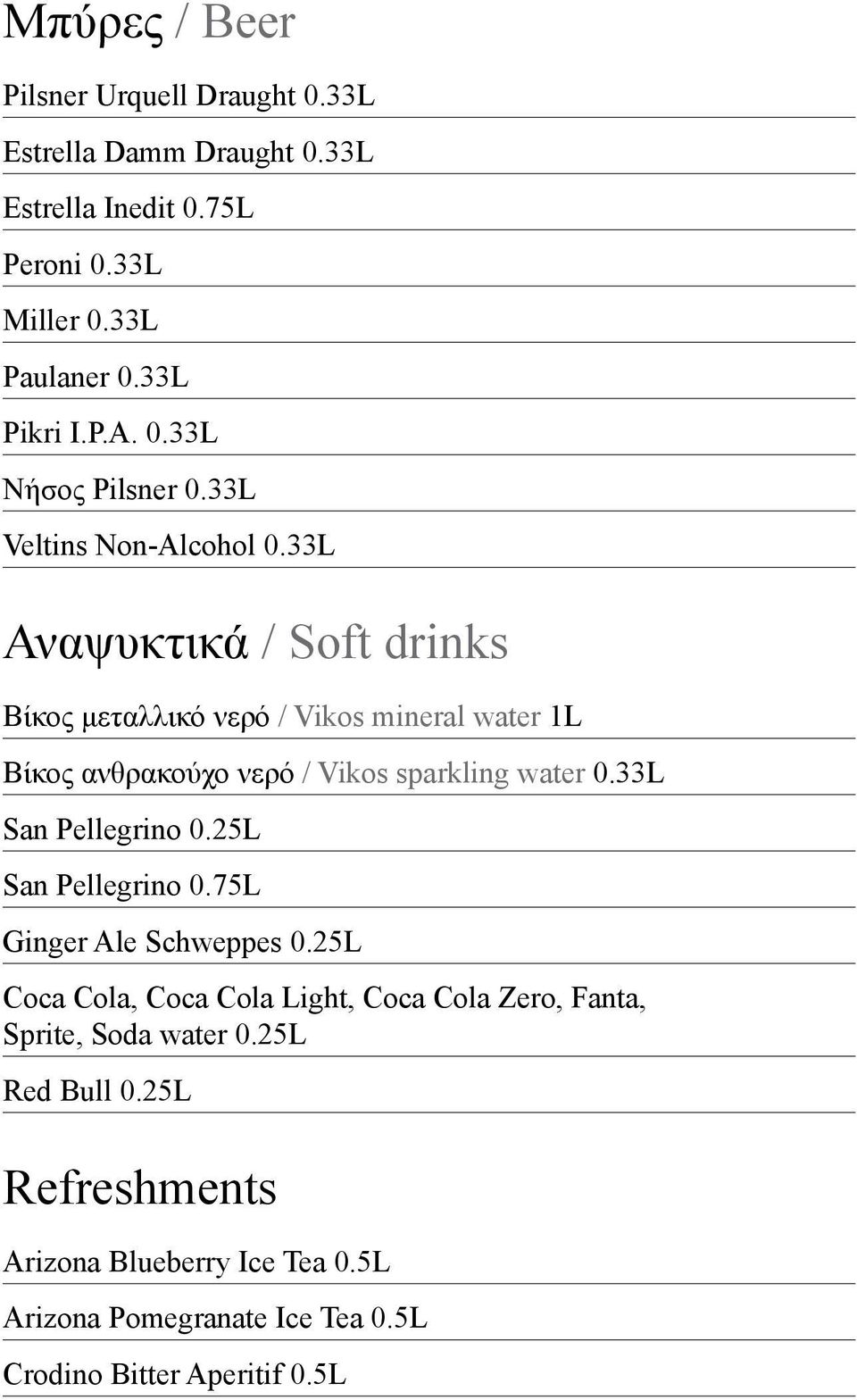 33L Αναψυκτικά / Soft drinks Βίκος μεταλλικό νερό / Vikos mineral water 1L Βίκος ανθρακούχο νερό / Vikos sparkling water 0.33L San Pellegrino 0.