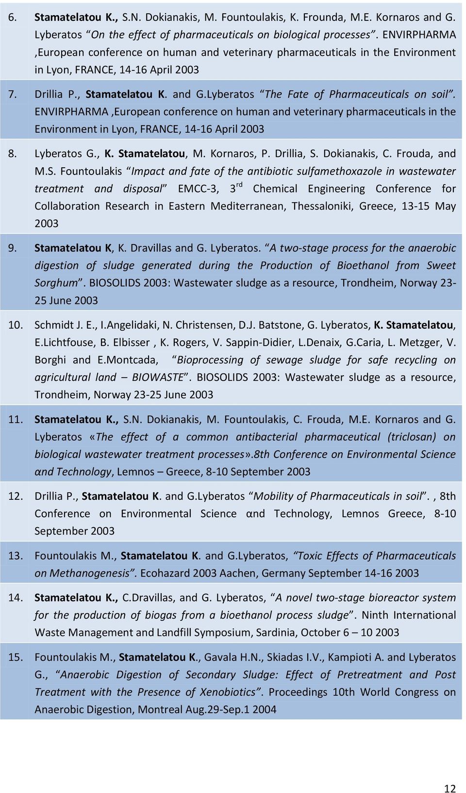 Lyberatos The Fate of Pharmaceuticals on soil. ENVIRPHARMA,European conference on human and veterinary pharmaceuticals in the Environment in Lyon, FRANCE, 14-16 April 2003 8. Lyberatos G., K.