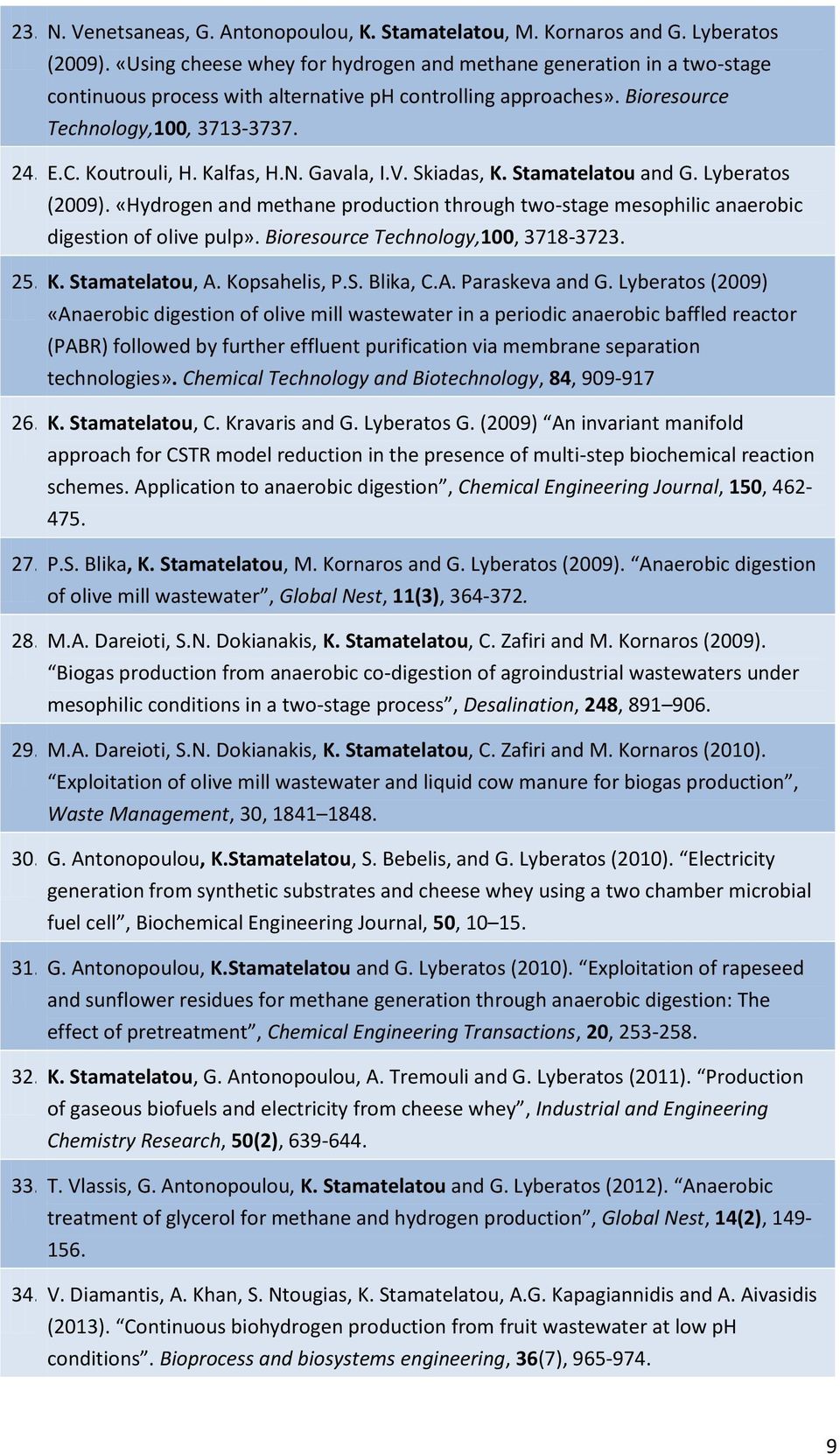 Kalfas, H.N. Gavala, I.V. Skiadas, K. Stamatelatou and G. Lyberatos (2009). «Hydrogen and methane production through two-stage mesophilic anaerobic digestion of olive pulp».