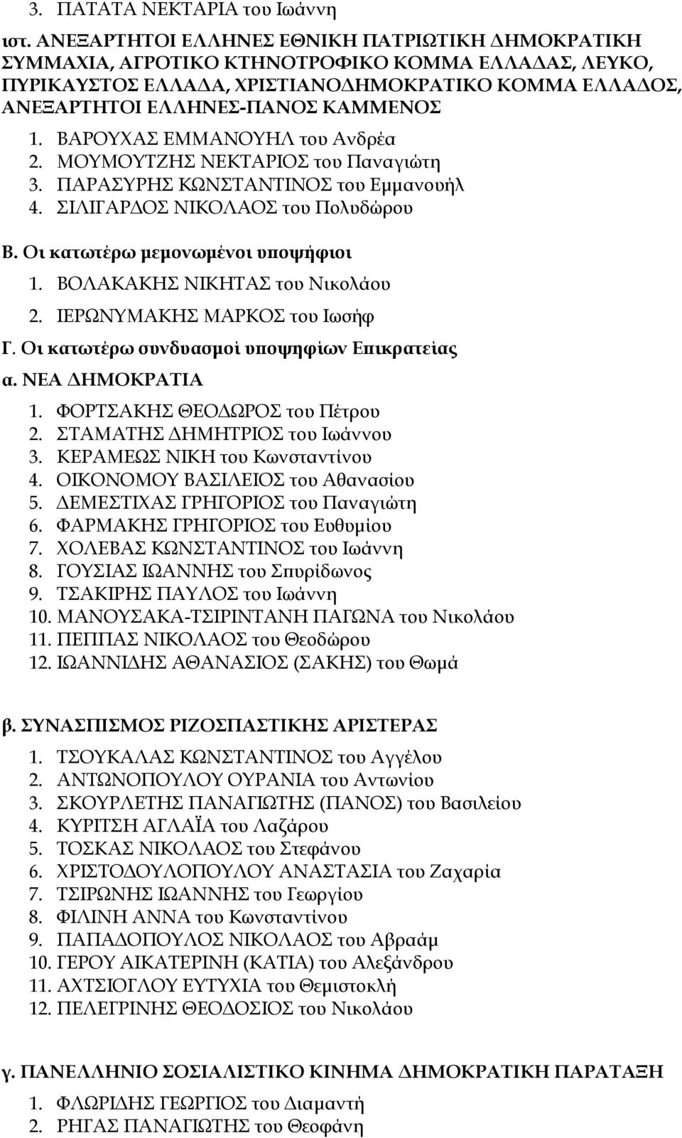 ΒΑΡΟΥΧΑΣ ΕΜΜΑΝΟΥΗΛ του Ανδρέα 2. ΜΟΥΜΟΥΤΖΗΣ ΝΕΚΤΑΡΙΟΣ του Παναγιώτη 3. ΠΑΡΑΣΥΡΗΣ ΚΩΝΣΤΑΝΤΙΝΟΣ του Εμμανουήλ 4. ΣΙΛΙΓΑΡΔΟΣ ΝΙΚΟΛΑΟΣ του Πολυδώρου Β. Οι κατωτέρω μεμονωμένοι υποψήφιοι 1.