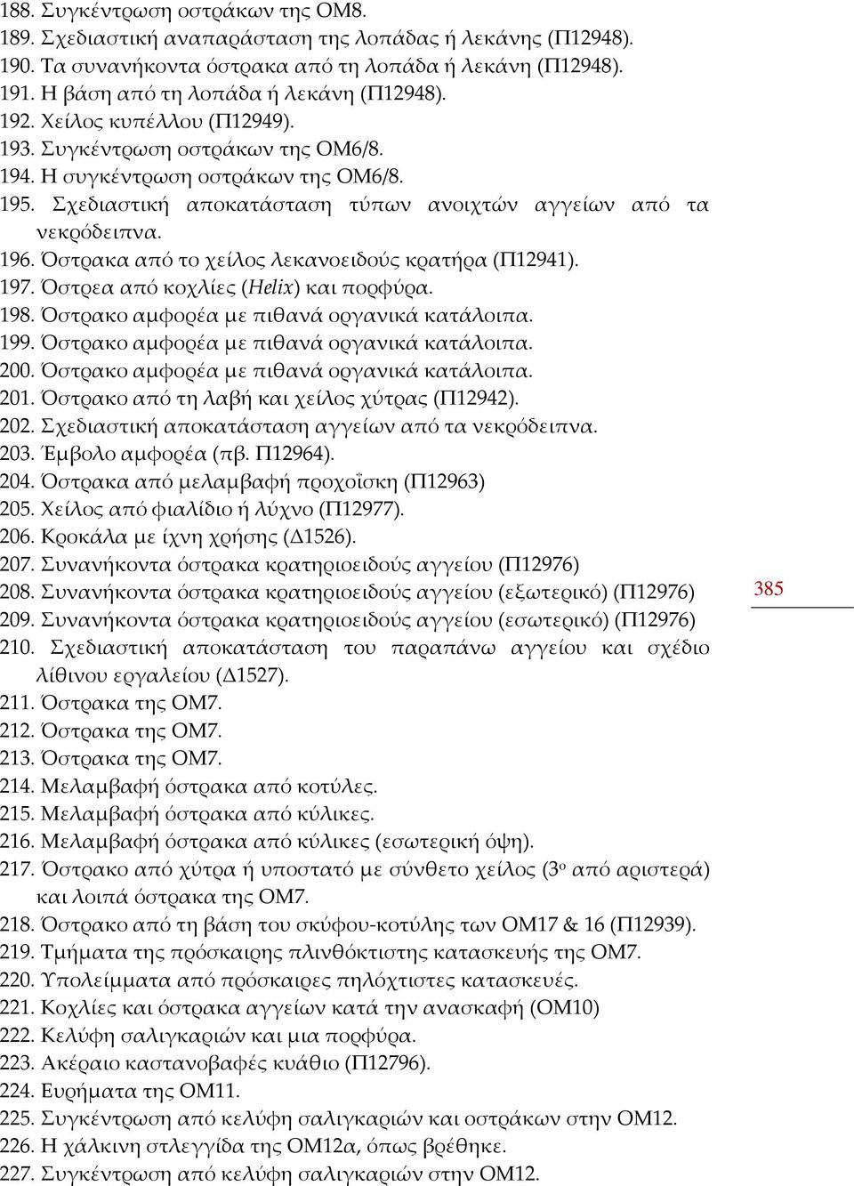 Σχεδιαστική αποκατάσταση τύπων ανοιχτών αγγείων από τα νεκρόδειπνα. 196. Όστρακα από το χείλος λεκανοειδούς κρατήρα (Π12941). 197. Όστρεα από κοχλίες (Helix) και πορφύρα. 198.