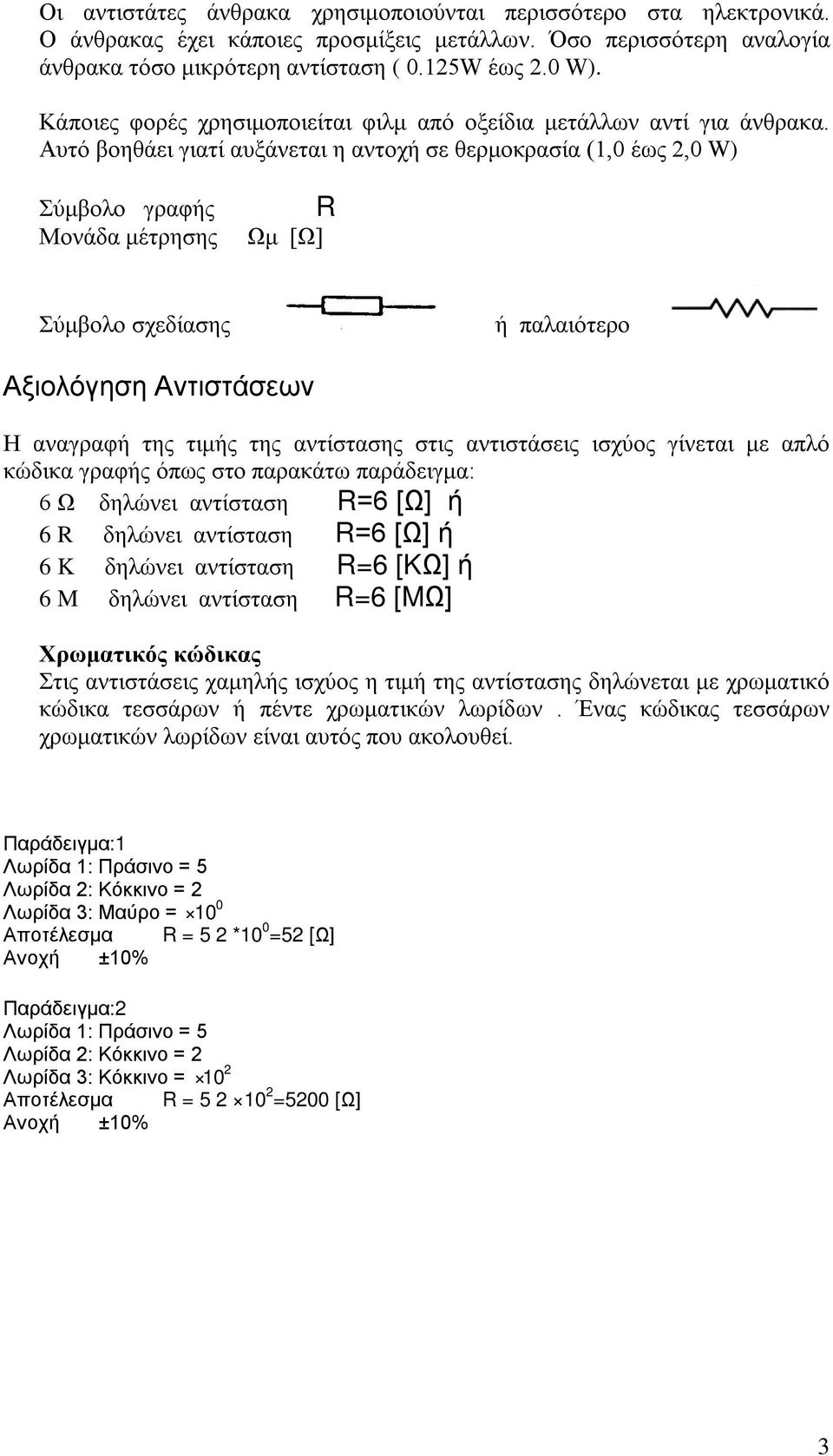 Αυτό βοηθάει γιατί αυξάνεται η αντοχή σε θερμοκρασία (1,0 έως 2,0 W) Σύμβολο γραφής Μονάδα μέτρησης Ωμ [Ω] Σύμβολο σχεδίασης ή παλαιότερο Αξιολόγηση Αντιστάσεων Η αναγραφή της τιμής της αντίστασης