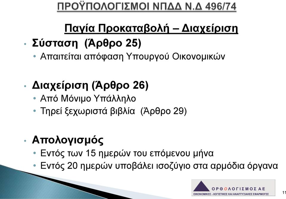 Τηρεί ξεχωριστά βιβλία (Άρθρο 29) Απολογισμός Εντός των 15 ημερών