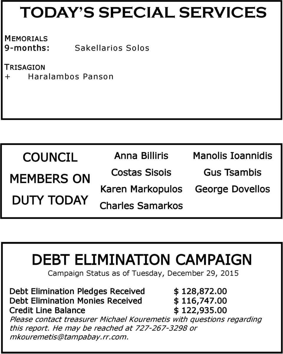 December 29, 2015 Debt Elimination Pledges Received $ 128,872.00 Debt Elimination Monies Received $ 116,747.00 Credit Line Balance $ 122,935.