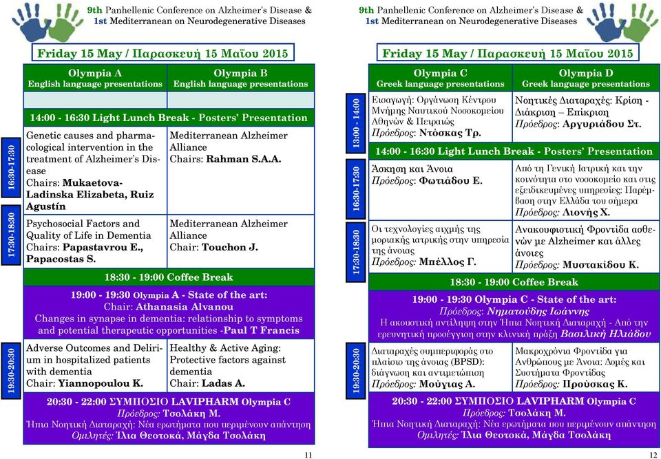 Alzheimer s Disease Chairs: Mukaetova- Ladinska Elizabeta, Ruiz Agustín Psychosocial Factors and Quality of Life in Dementia Chairs: Papastavrou E., Papacostas S.