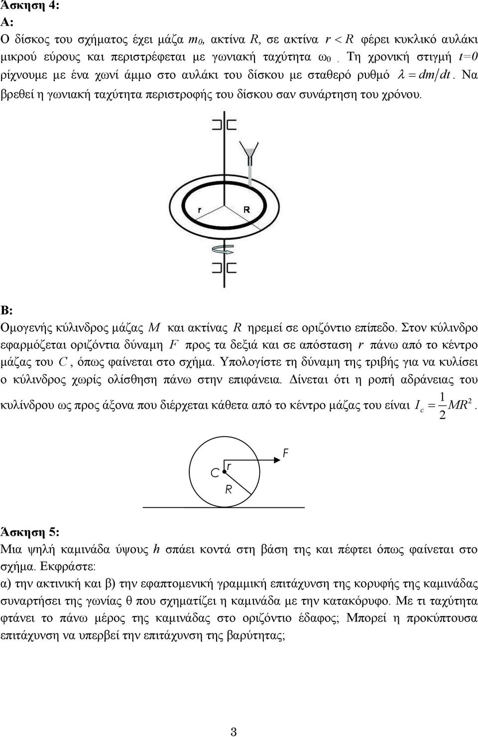 B: Οµογενής κύλινδρος µάζας M και ακτίνας R ηρεµεί σε οριζόντιο επίπεδο.