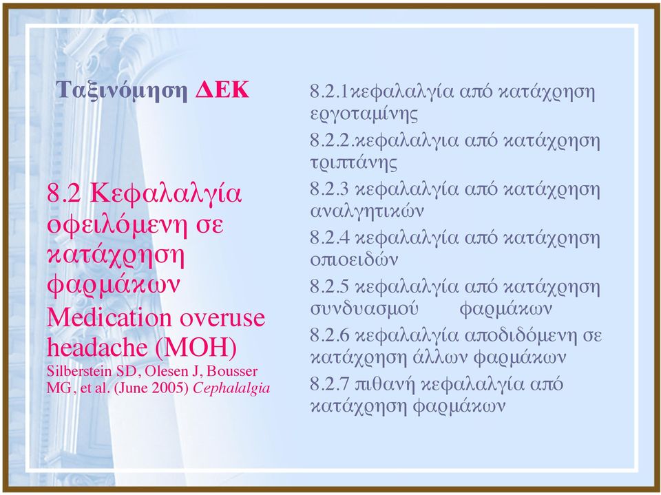 al. (June 2005) Cephalalgia 8.2.1κεφαλαλγία από κατάχρηση εργοταμίνης 8.2.2.κεφαλαλγια από κατάχρηση τριπτάνης 8.2.3 κεφαλαλγία από κατάχρηση αναλγητικών 8.
