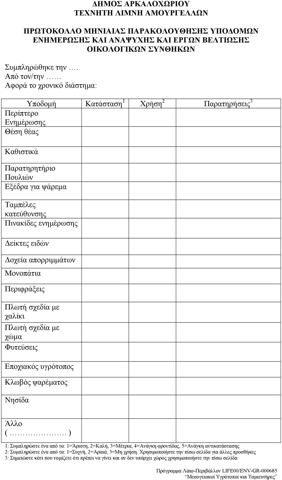 ενηµέρωσης είκτες ειδών οχεία απορριµµάτων Μονοπάτια Περιφράξεις Πλωτή σχεδία µε χαλίκι Πλωτή σχεδία µε χώµα Φυτεύσεις Εποχιακός υγρότοπος Κλωβός ψαρέµατος Νησίδα Άλλο (.