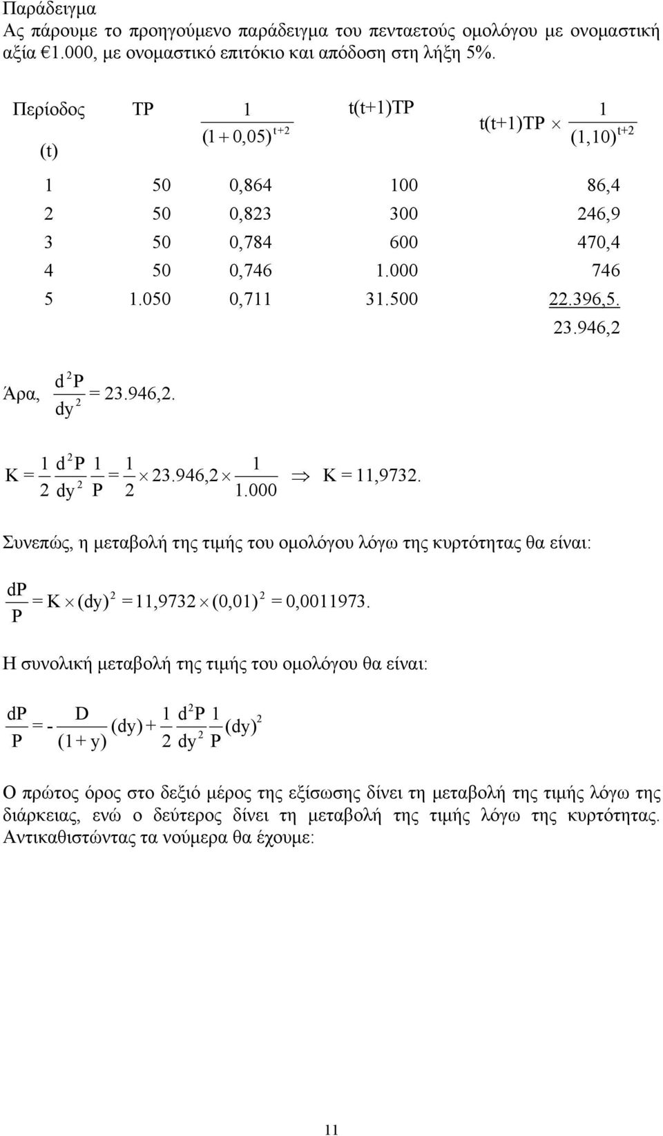 946, 1 d P = dy K 1 1 = P 3.946, 1 1.000 K = 11,973. Συνεπώς, η μεταβολή της τιμής του ομολόγου λόγω της κυρτότητας θα είναι: dp = K (dy) =11,973 (0,01) = 0,0011973.