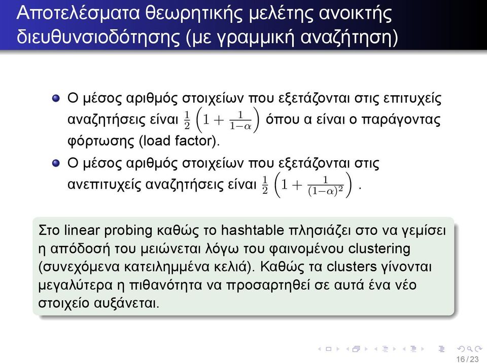 αναζητήσεις είναι 1 2 1 + 1 (1 α) 2 Στο linear probing καθώς το hashtable πλησιάζει στο να γεμίσει η απόδοσή του μειώνεται λόγω του φαινομένου