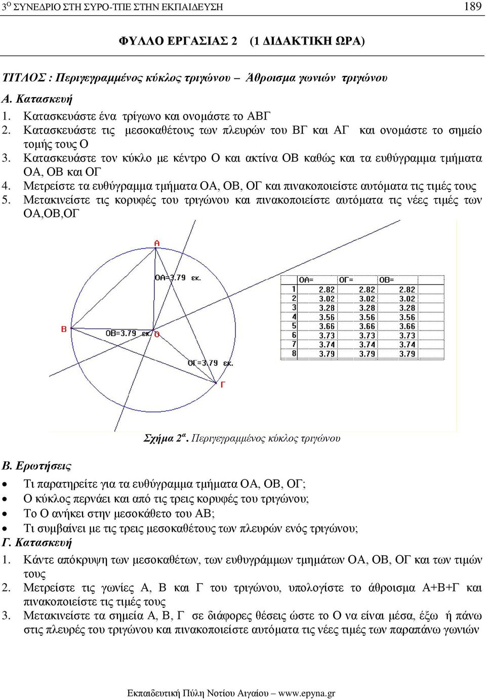 Κατασκευάστε τον κύκλο με κέντρο Ο και ακτίνα ΟΒ καθώς και τα ευθύγραμμα τμήματα ΟΑ, ΟΒ και ΟΓ 4. Μετρείστε τα ευθύγραμμα τμήματα ΟΑ, ΟΒ, ΟΓ και πινακοποιείστε αυτόματα τις τιμές τους 5.