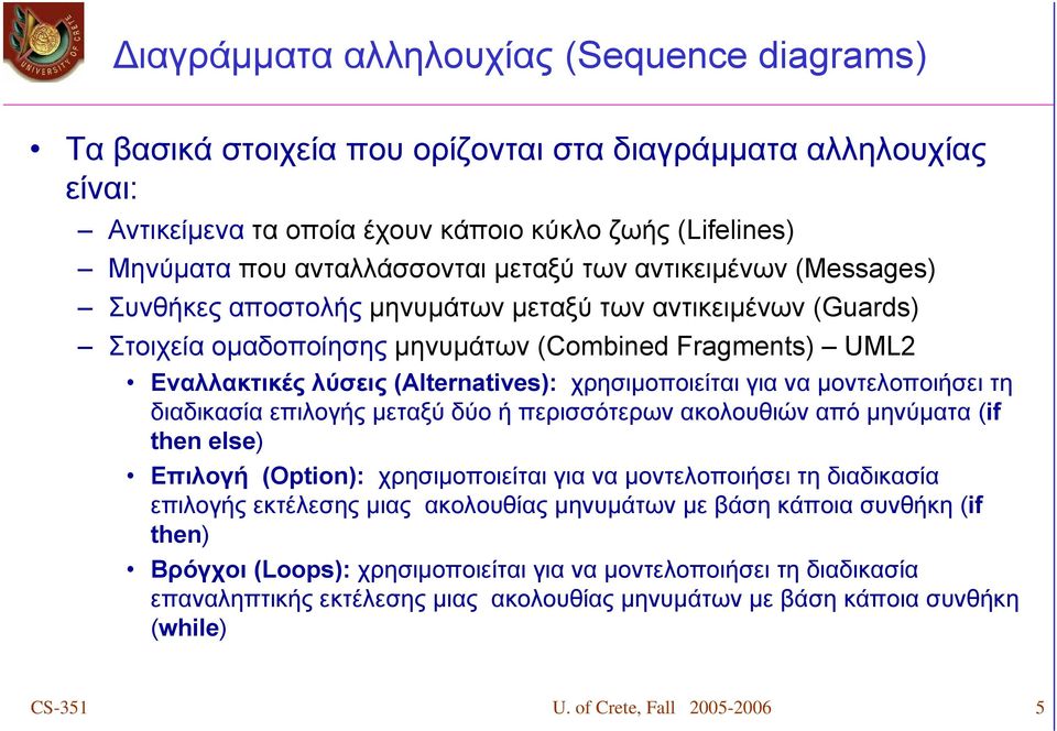 χρησιμοποιείται για να μοντελοποιήσει τη διαδικασία επιλογής μεταξύ δύο ή περισσότερων ακολουθιών από μηνύματα (if then else) Επιλογή (Option): χρησιμοποιείται για να μοντελοποιήσει τη διαδικασία