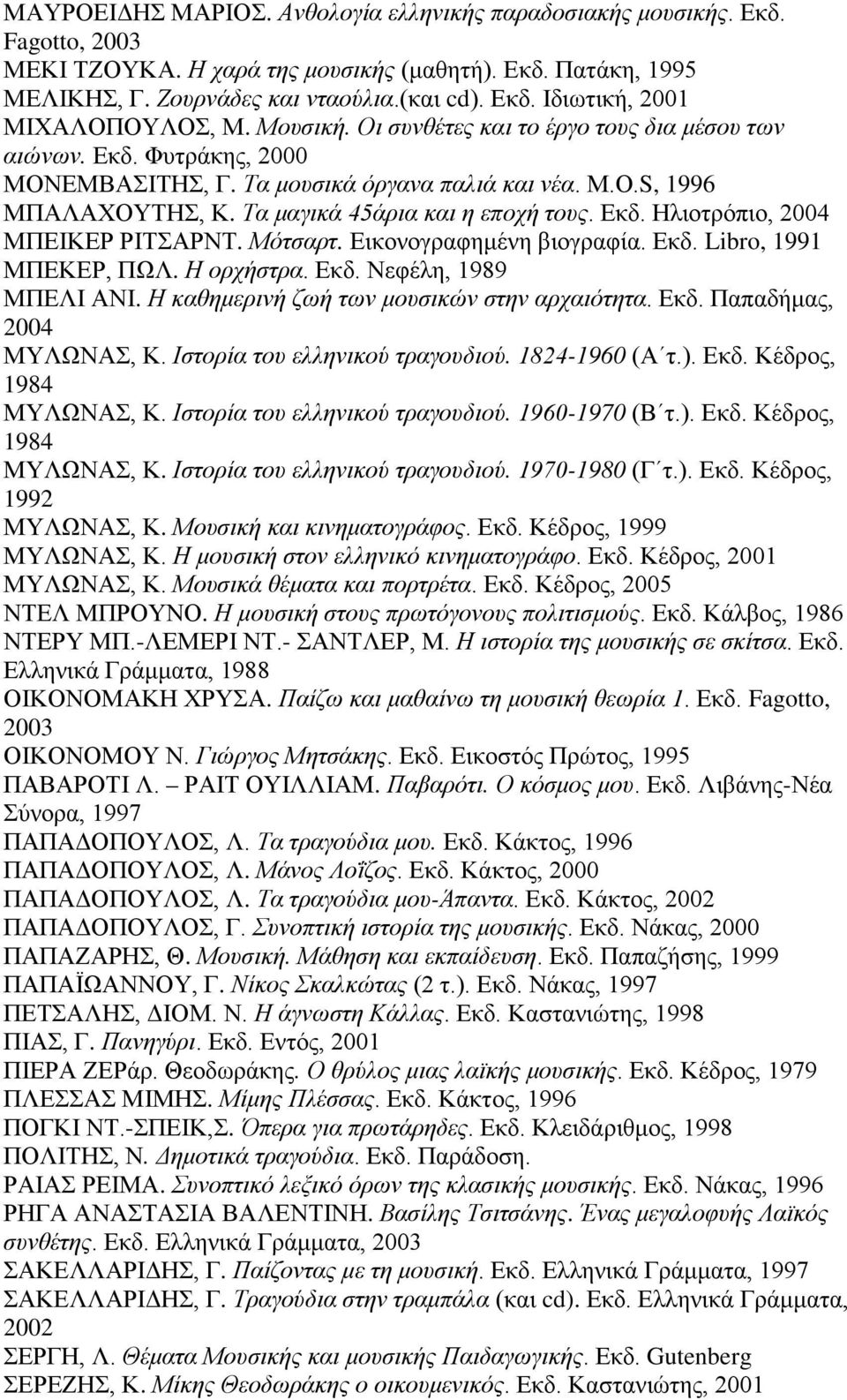Μότσαρτ. Εικονογραφημένη βιογραφία. Εκδ. Libro, 1991 ΜΠΕΚΕΡ, ΠΩΛ. Η ορχήστρα. Εκδ. Νεφέλη, 1989 ΜΠΕΛΙ ΑΝΙ. Η καθημερινή ζωή των μουσικών στην αρχαιότητα. Εκδ. Παπαδήμας, 2004 ΜΥΛΩΝΑΣ, Κ.