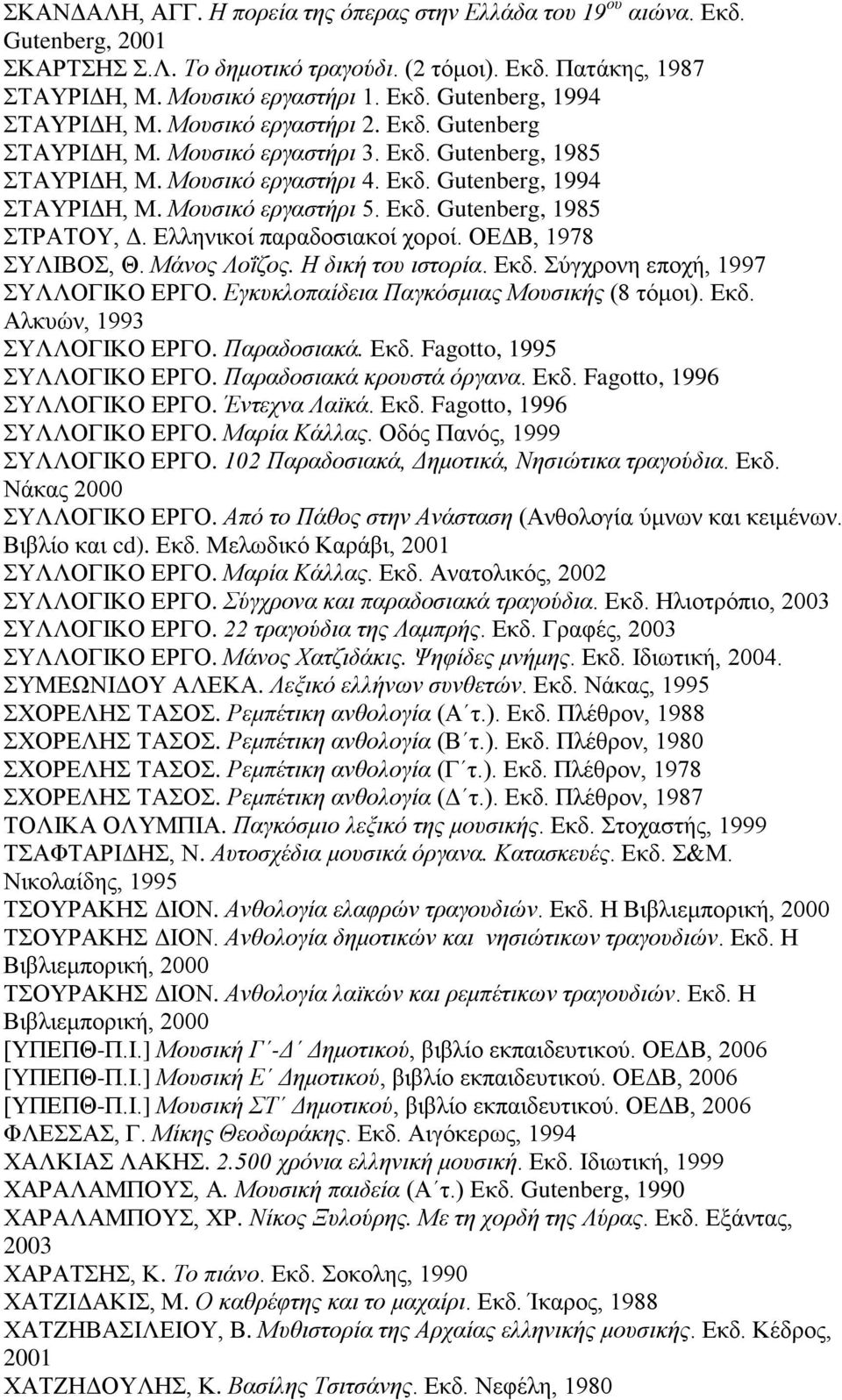 Ελληνικοί παραδοσιακοί χοροί. ΟΕΔΒ, 1978 ΣΥΛΙΒΟΣ, Θ. Μάνος Λοΐζος. Η δική του ιστορία. Εκδ. Σύγχρονη εποχή, 1997 ΣΥΛΛΟΓΙΚΟ ΕΡΓΟ. Εγκυκλοπαίδεια Παγκόσμιας Μουσικής (8 τόμοι). Εκδ. Αλκυών, 1993 ΣΥΛΛΟΓΙΚΟ ΕΡΓΟ.