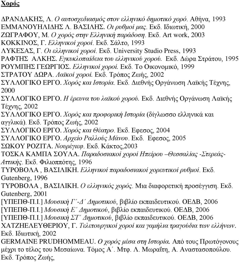 Ελληνικοί χοροί. Εκδ. Το Οικονομικό, 1999 ΣΤΡΑΤΟΥ ΔΩΡΑ. Λαϊκοί χοροί. Εκδ. Τρόπος Ζωής, 2002 ΣΥΛΛΟΓΙΚΟ ΕΡΓΟ. Χορός και Ιστορία. Εκδ. Διεθνής Οργάνωση Λαϊκής Τέχνης, 2000 ΣΥΛΛΟΓΙΚΟ ΕΡΓΟ.