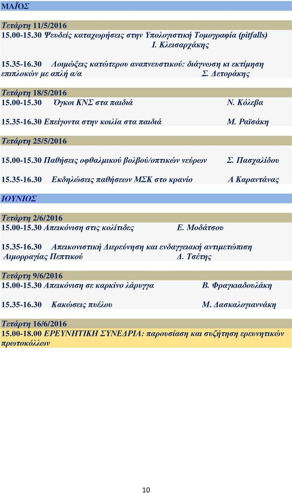 30 Επείγοντα στην κοιλία στα παιδιά Μ. Ραϊσάκη Τετάρτη 25/5/2016 15.00-15.30 Παθήσεις οφθαλμικού βολβού/οπτικών νεύρων Σ. Πασχαλίδου 15.35-16.