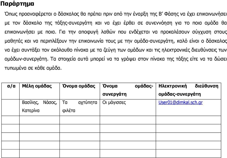 Για την αποφυγή λαθών που ενδέχεται να προκαλέσουν σύγχυση στους µαθητές και να περιπλέξουν την επικοινωνία τους µε την οµάδα-συνεργάτη, καλό είναι ο δάσκαλος να έχει συντάξει τον ακόλουθο