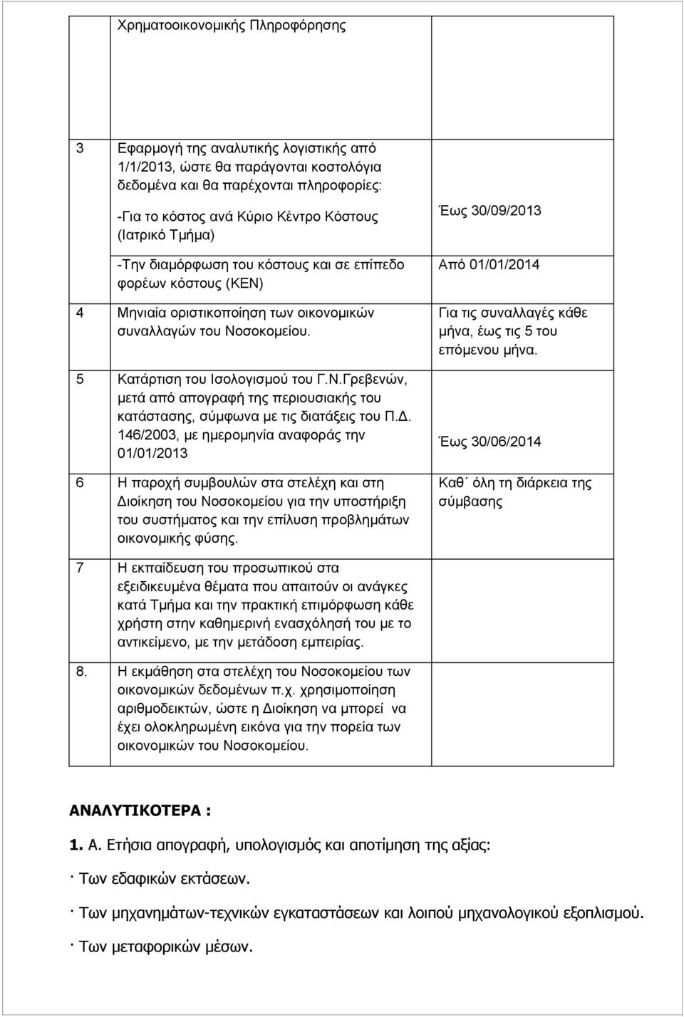 Δ. 146/2003, με ημερομηνία αναφοράς την 01/01/2013 6 Η παροχή συμβουλών στα στελέχη και στη Διοίκηση του Νοσοκομείου για την υποστήριξη του συστήματος και την επίλυση προβλημάτων οικονομικής φύσης.