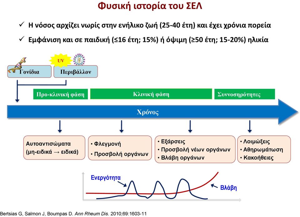 φάση Συννοσηρότητες Χρόνος Αυτοαντισώματα (μη-ειδικά ειδικά) Φλεγμονή Προσβολή οργάνων Εξάρσεις Προσβολή νέων οργάνων