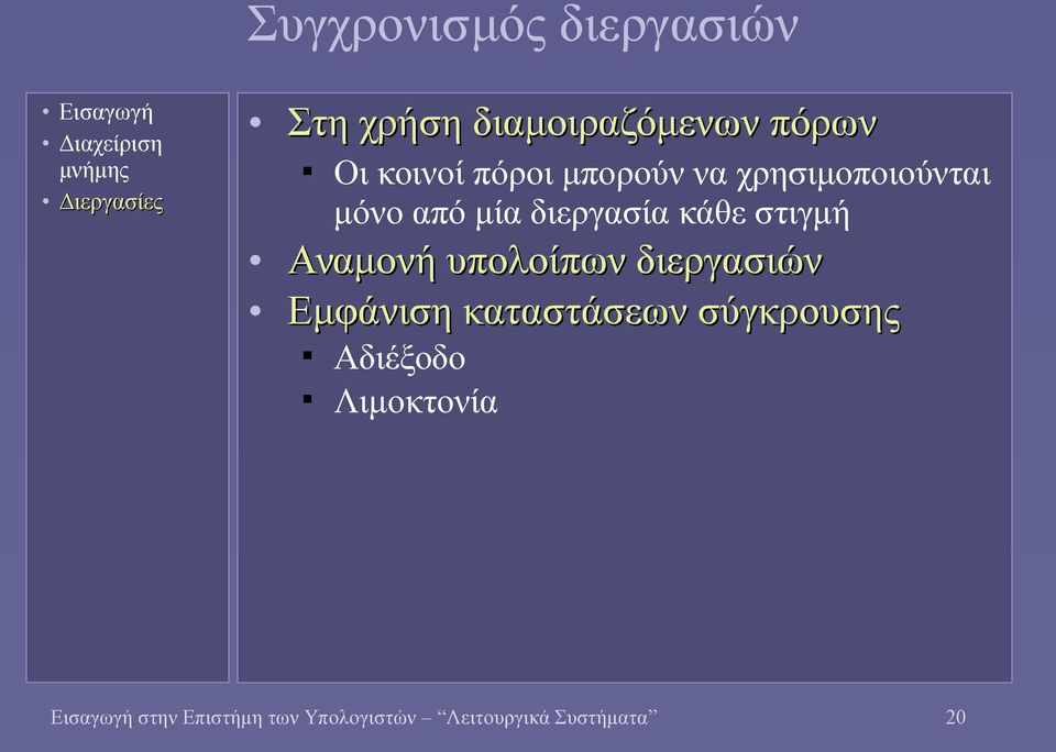 στιγμή Αναμονή υπολοίπων διεργασιών Εμφάνιση καταστάσεων σύγκρουσης