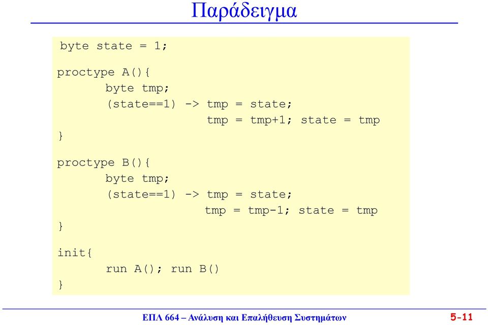 proctype B(){ byte tmp; (state==1) -> tmp = state;