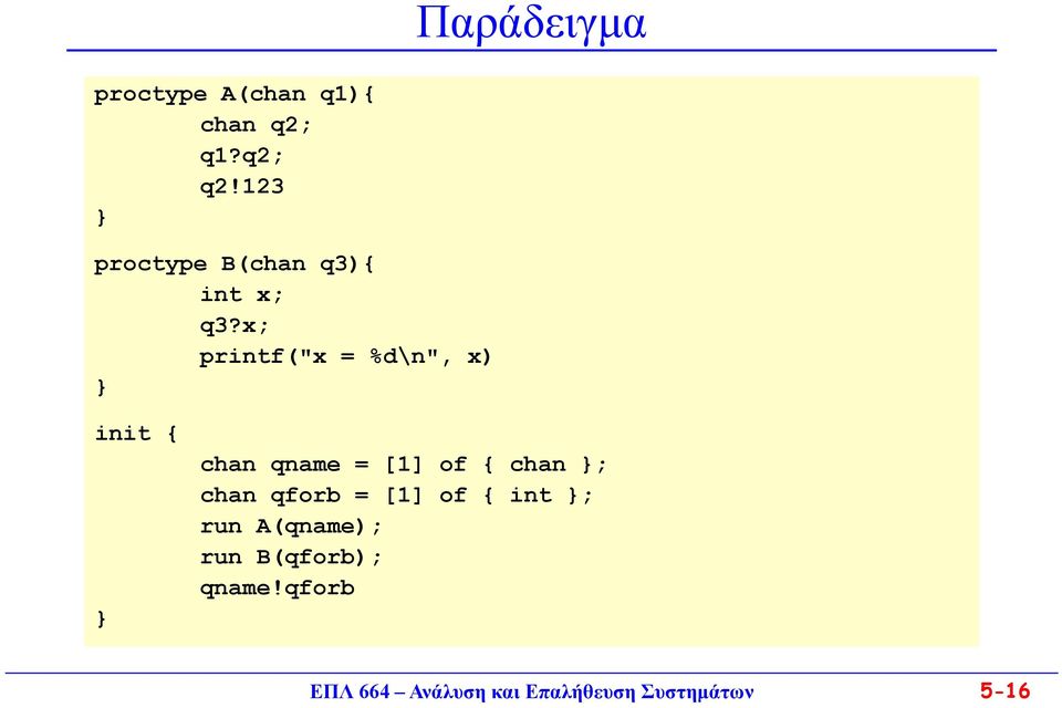 x; printf("x = %d\n", x) init { chan qname = [1] of {