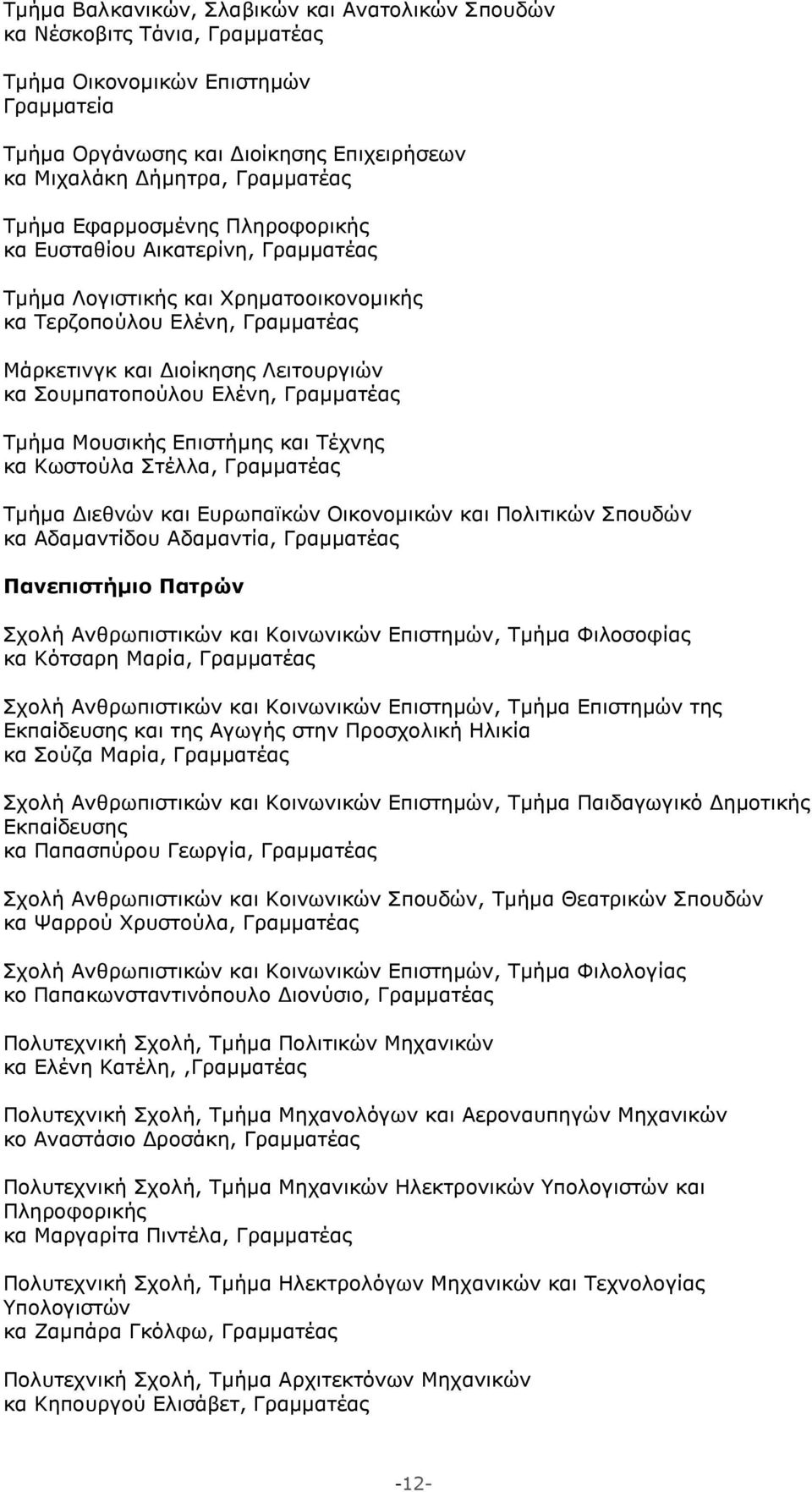 Ελένη, Γραμματέας Τμήμα Μουσικής Επιστήμης και Τέχνης κα Κωστούλα Στέλλα, Γραμματέας Τμήμα Διεθνών και Ευρωπαϊκών Οικονομικών και Πολιτικών Σπουδών κα Αδαμαντίδου Αδαμαντία, Γραμματέας Πανεπιστήμιο