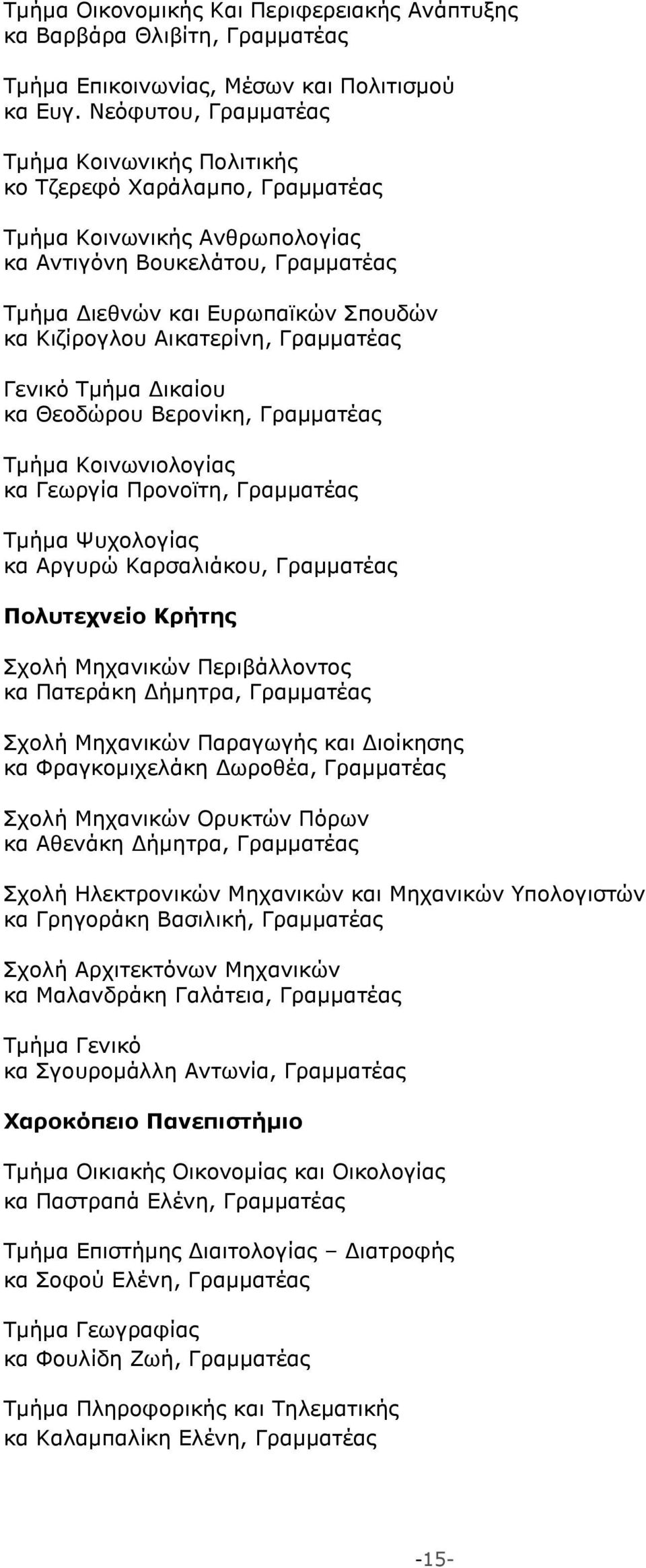 Αικατερίνη, Γραμματέας Γενικό Τμήμα Δικαίου κα Θεοδώρου Βερονίκη, Γραμματέας Τμήμα Κοινωνιολογίας κα Γεωργία Προνοϊτη, Γραμματέας Τμήμα Ψυχολογίας κα Αργυρώ Καρσαλιάκου, Γραμματέας Πολυτεχνείο Κρήτης