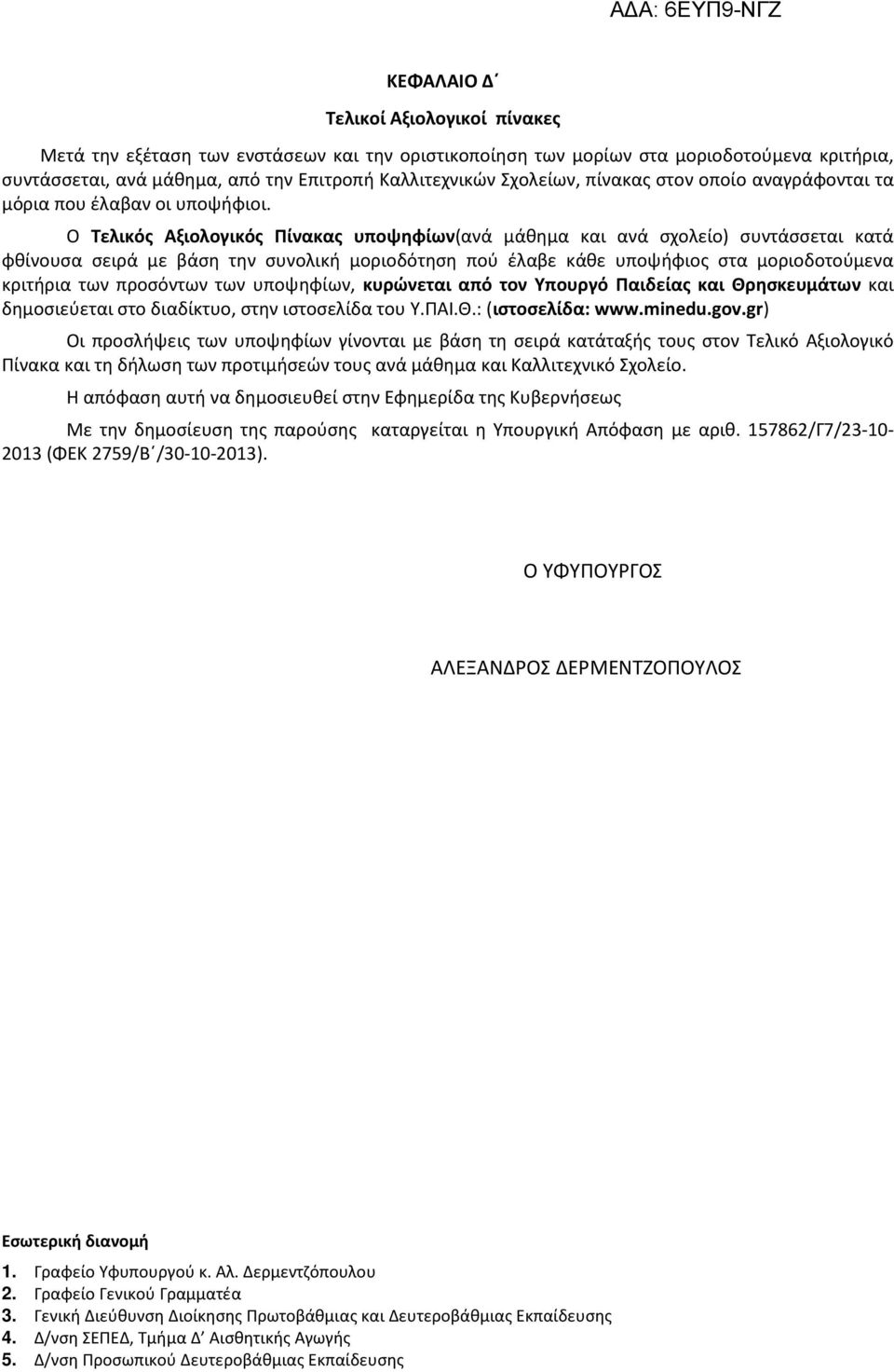 Ο Τελικός Αξιολογικός Πίνακας υποψηφίων(ανά μάθημα και ανά σχολείο) συντάσσεται κατά φθίνουσα σειρά με βάση την συνολική μοριοδότηση πού έλαβε κάθε υποψήφιος στα μοριοδοτούμενα κριτήρια των προσόντων