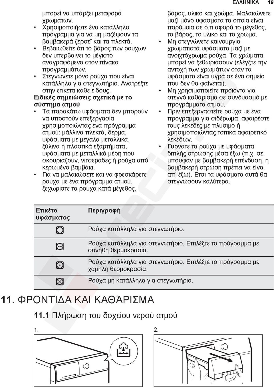 Ειδικές σημειώσεις σχετικά με το σύστημα ατμού Τα παρακάτω υφάσματα δεν μπορούν να υποστούν επεξεργασία χρησιμοποιώντας ένα πρόγραμμα ατμού: μάλλινα πλεκτά, δέρμα, υφάσματα με μεγάλα μεταλλικά,