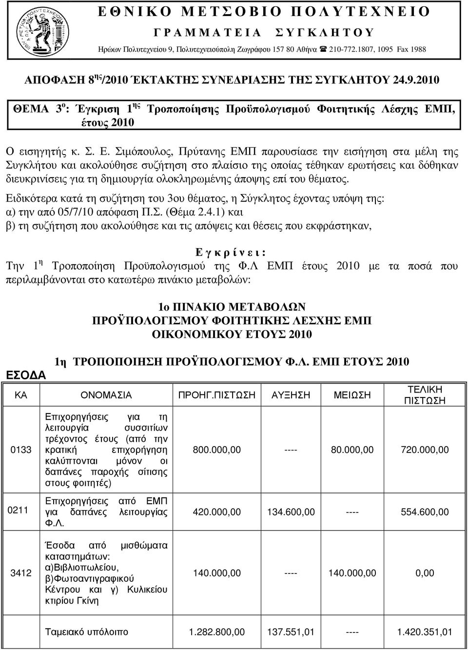 ολοκληρωµένης άποψης επί του θέµατος. Ειδικότερα κατά τη συζήτηση του 3ου θέµατος, η Σύγκλητος έχοντας υπόψη της: α) την από 05/7/10 απόφαση Π.Σ. (Θέµα 2.4.