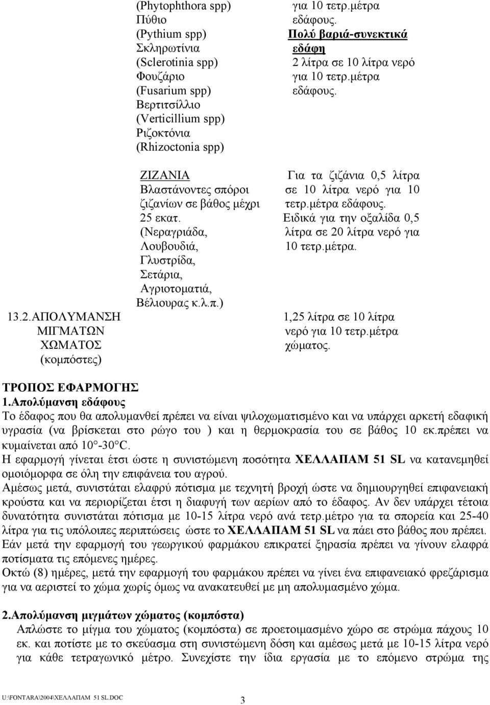 Πολύ βαριά-συνεκτικά εδάφη 2 λίτρα σε 10 λίτρα νερό για 10 τετρ.µέτρα εδάφους. Για τα ζιζάνια 0,5 λίτρα σε 10 λίτρα νερό για 10 τετρ.µέτρα εδάφους. Ειδικά για την οξαλίδα 0,5 λίτρα σε 20 λίτρα νερό για 10 τετρ.