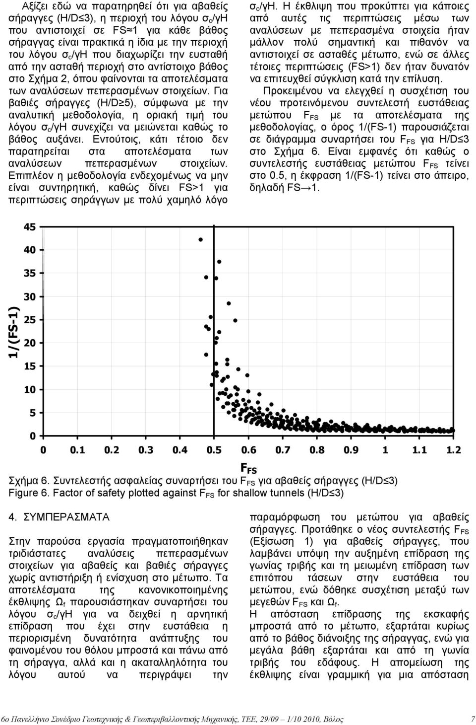 Για βαθιές σήραγγες (H/D 5), σύµφωνα µε την αναλυτική µεθοδολογία, η οριακή τιµή του λόγου σ c /γh συνεχίζει να µειώνεται καθώς το βάθος αυξάνει.
