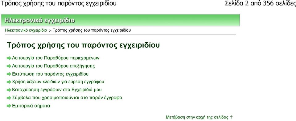 Παραθύρου επεξήγησης Εκτύπωση του παρόντος εγχειριδίου Χρήση λέξεων-κλειδιών για εύρεση εγγράφου Καταχώρηση