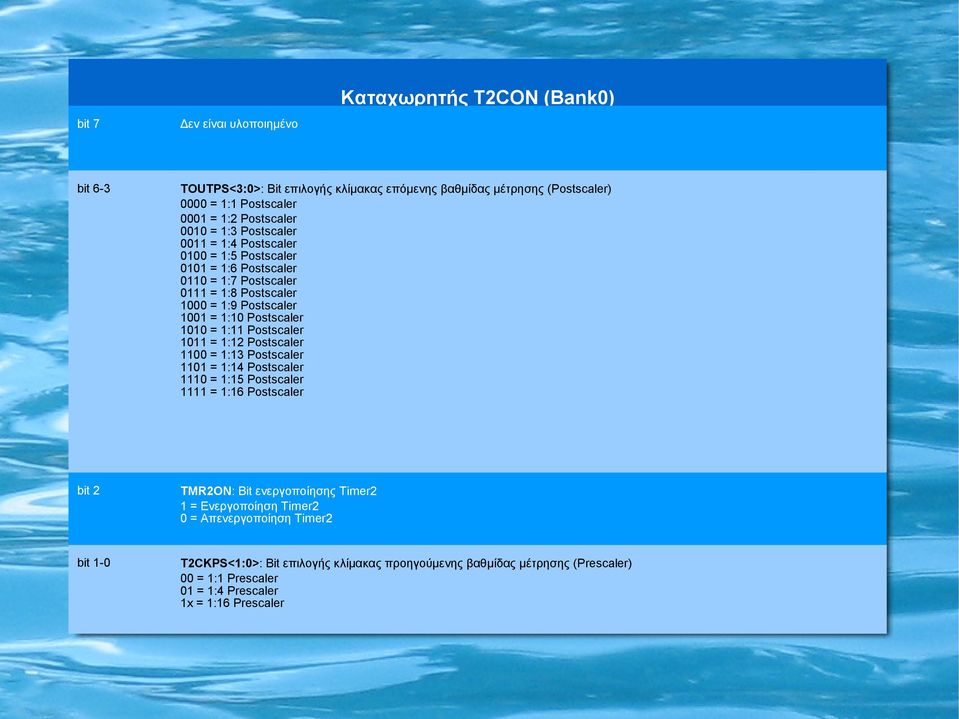 = 1:11 Postscaler 1011 = 1:12 Postscaler 1100 = 1:13 Postscaler 1101 = 1:14 Postscaler 1110 = 1:15 Postscaler 1111 = 1:16 Postscaler bit 2 TMR2ON: Bit ενεργοποίησης Timer2 1 =